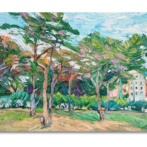 Pintura al óleo de paisaje, pintura de árboles texturizados, arte texturizado, idea de regalo, arte empastado de parque, arte impresionista de árboles viejos, paisaje urbano