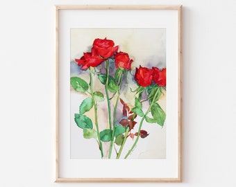 Original Watercolor Painting, Red Roses Art, Cotton paper, Gift idea