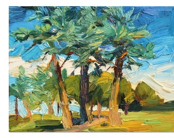Impasto Pine Trees Oil Painting: Small Textured Landscape Art