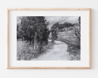 Original charcoal drawing, Park art, black and white trees artwork, handmade gift idea for her