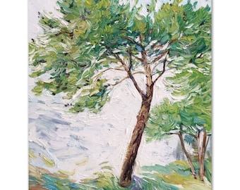 Pine Tree Impasto Oil Painting: Textured Landscape Art