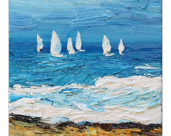 Small Sailboats Oil Painting: Seascape Impressionist Art (7.8&quot;x 7.8&quot;)