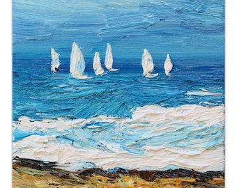 Sailboats small oil painting, original seascape painting on stretched canvas ready to hang, impressionist style art