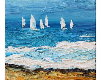 Sailboats small oil painting, original seascape painting on stretched canvas ready to hang, impressionist style art