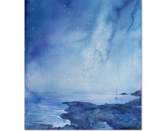 Starry Night Original Watercolor Painting, Sailing Boat, Seascape art, Milky Way Painting