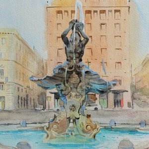 Original Watercolor Painting: Fontana del Tritone, Rome - Italian Cityscape Art