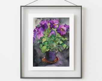 Original Watercolor Painting, Purple Surfinia Pendula, Violet watercolor flowers on cotton paper, Gift idea