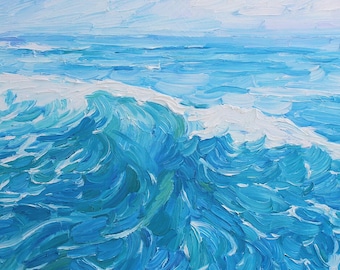 Large Impasto Seascape Oil Painting: Textured Sea Waves Art (19.6&quot;x 39.3&quot;)