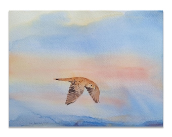 Original Watercolor Kestrel Painting: Bird in Flight, Dawn Sky Landscape