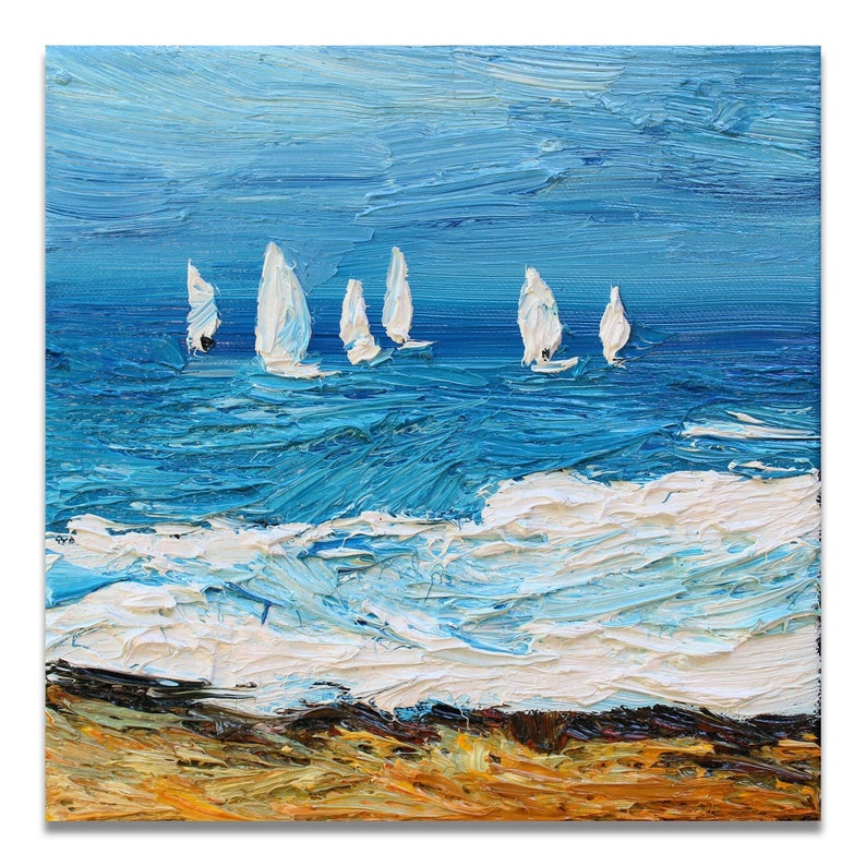 Sailboats small oil painting, original seascape painting on stretched canvas ready to hang, impressionist style art imagem 1