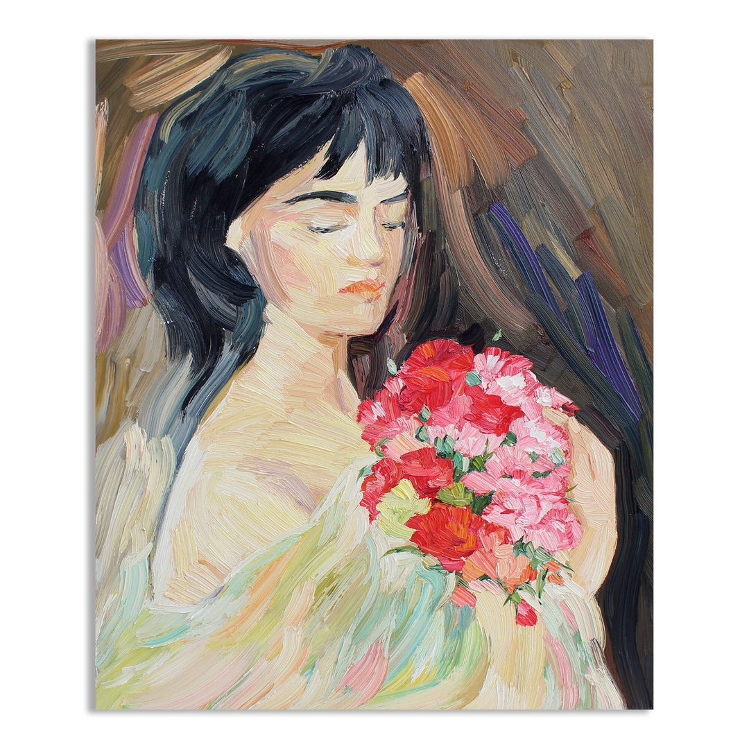 Female Portrait With Flowers, Original Oil Painting, Contemporary Art ...
