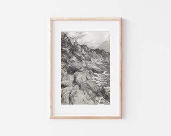Coastal Graphite Seascape Original Drawing, Sea Rocks, Italian Art