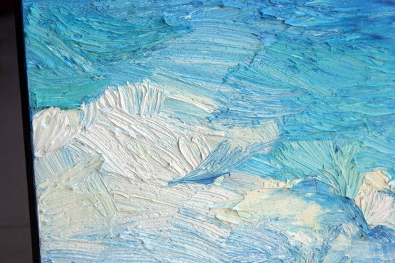 Blue Sky Impasto Oil Painting: Textured Cloudscape Art, Square