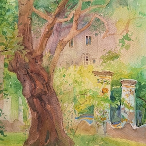 Original Watercolor Landscape Painting: Naples Garden, Italian Art