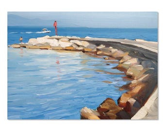 Impressionistisch zeegezichtolieverfschilderij – Originele kustkunst op canvas, nautisch muurdecor