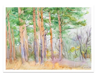 Watercolor landscape painting, Pine trees art, watercolor, tree art, original hand made artwork, gift idea for her, aminovart.