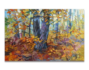 Original Oil Painting Autumn Forest, Colorful Tree Landscape, Textured Impasto Art