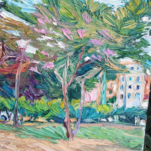 Landscape oil painting, textured trees painting, textured art, gift idea, Park impasto art, old tree impressionist shops art, cityscape
