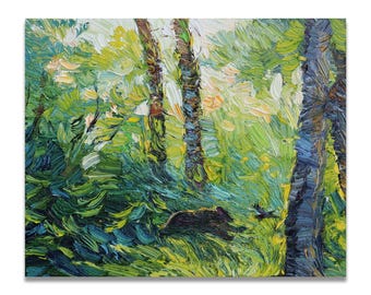 Forest Light with Bear and Crow – Original Textured Oil Impasto Painting, Woodland Landscape Art