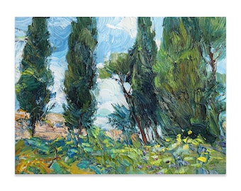 Original Cypress Trees Oil Painting – Textured Impasto Landscape Wall Art