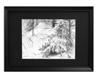 Framed Winter Pine Trees Charcoal Drawing: Monochrome Italian Art