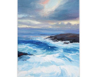 Ocean Waves Oil Painting, Original Seascape Artwork, Coastal Landscape, Sea and Sky Painting, Small Marine Art
