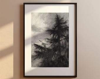 Pine Tree and Kestrel Charcoal Drawing, Original Wildlife Artwork, A3 Nature Drawing, Bird and Tree Art, Black and White Landscape