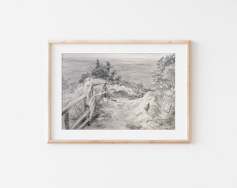 Original graphite drawing, pencil landscape, coastal artwork, handmade gift idea for her