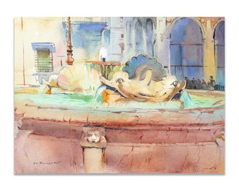 Italian Fountain Watercolor Painting – Rome Piazza Colonna Artwork, European Travel Wall Decor