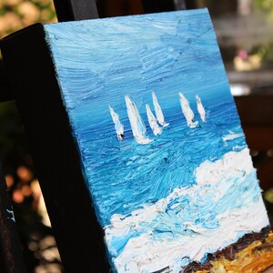 Sailboats small oil painting, original seascape painting on stretched canvas ready to hang, impressionist style art imagem 2