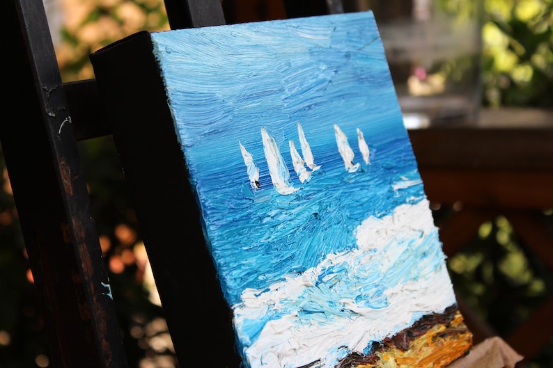 Sailboats small oil painting, original seascape painting on stretched canvas ready to hang, impressionist style art imagem 2