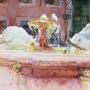 Rome Piazza Colonna Fountain Watercolor – Original Italian Cityscape Painting, Architecture Wall Art Decor