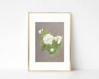 White roses oil pastel drawing, floral art, oil pastels, rose drawing, rose art, original artwork, gift idea, aminovart.