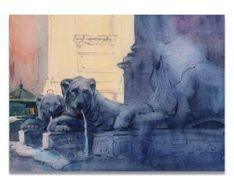 Egyptian-Style Marble Lions – Original Watercolor Painting of Fountain of Moses, Rome Art