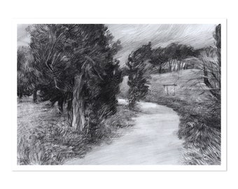 Original charcoal drawing, Park art, black and white trees artwork, handmade gift idea for her