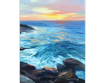 Sunset Seascape Oil Painting, Ocean Waves, Original Coastal Artwork, Sea Landscape, Small Marine Painting
