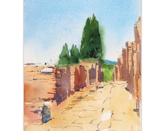 Pompeii Street Watercolor – Original Italian Ruins Painting, Archaeological Site Wall Art