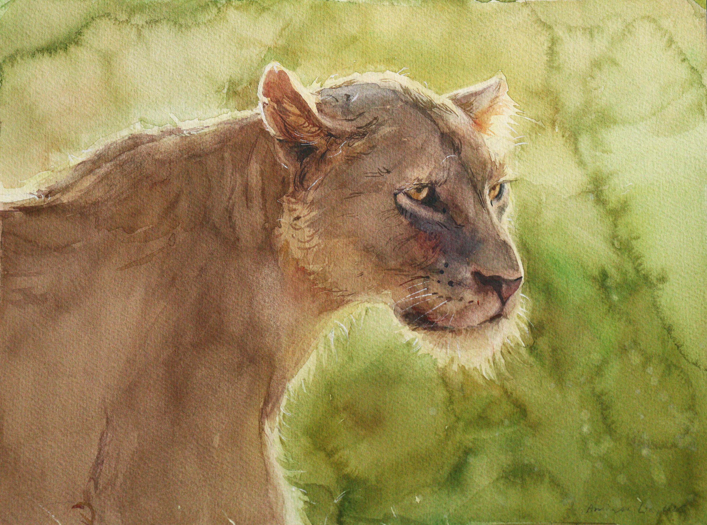 オリジナルのライオンの水彩画：野生動物の壁アート、9x12インチ