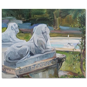Fountain oil painting, small park painting, landscape, fountain with lions, handmade gift for her, aminovart.