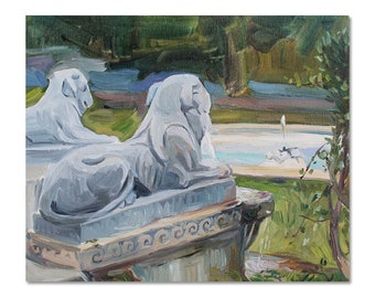 Fountain oil painting, small park painting, landscape, fountain with lions, handmade gift for her, aminovart.