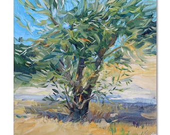 Tiny Olive Tree Oil Painting: Plein Air Artwork (5.9x5.9 inches)