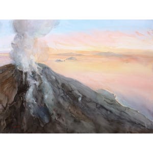 Grande dipinto con tecnica mista – Paesaggio marino del vulcano di Stromboli, acquerello e guazzo, tramonto sul mare, arte murale costiera, arredamento per la casa