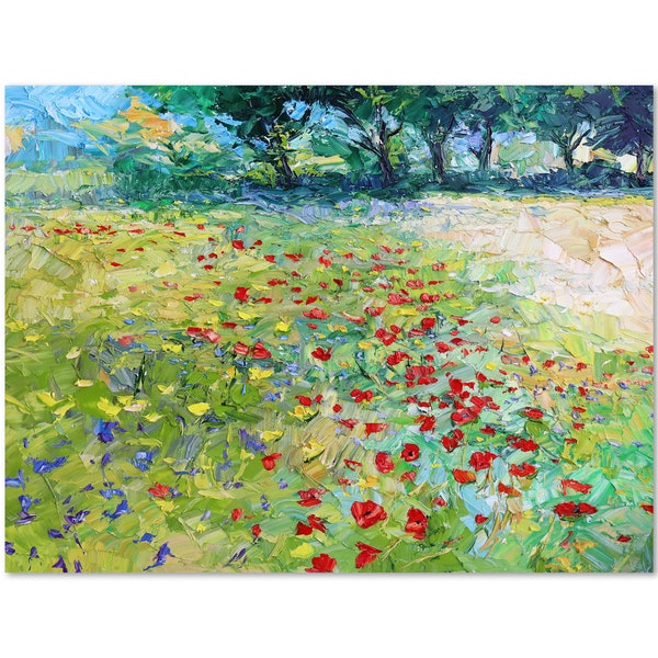 Spring Meadow, landscape oil painting, textured trees painting, field with poppies, gift idea, Park impasto art