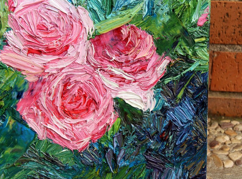 Pink roses oil painting textured palette knife painting of Etsy