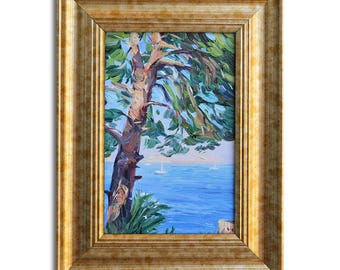 Framed Seascape Oil Painting: Tiny Pine Tree Art, 2024