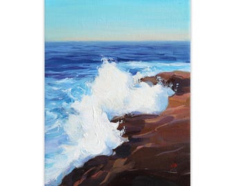 Original Seascape Oil Painting, Ocean Waves on Rocks, Mediterranean Coastal Artwork