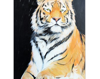 Peinture acrylique tigre sur bois, tableaux tigre, art animaux sauvages, idée cadeau, aminovart.