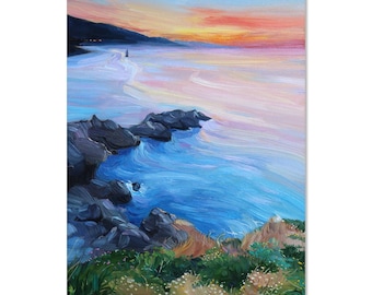 Seascape Oil Painting: Sailboat at Sunset, Coastal Nautical Wall Art