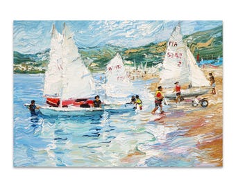 Sailing School on the Beach – Original Oil Painting, Textured Seascape with Sailboats and Children
