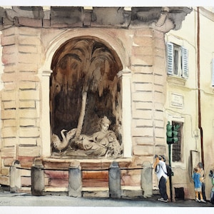Rome Cityscape Watercolor – Four Fountains Street Painting – Original Italian Architecture Art – Street View Wall Decor
